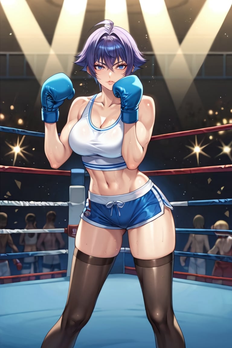 score_9, score_8_up, score_7_up, score_6_up, BREAK source_anime, by aoi nagisa \(metalder\), 1girl, tank top, boxing girl, boxing ring, blue short, boxing gloves, masterpiece, best quality, very aesthetic, absurdres,black stockings