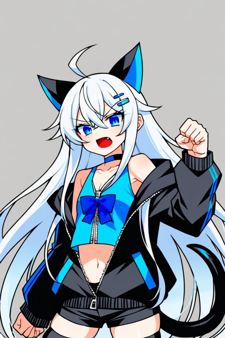 1girl, stoat girl, solo,  ((white hair)), very long hair, blue eyes, (straight hair), (bangs), animal ears, (stoat ears:1.2),
 Choker, ahoge, fangs, (big stoat Tail:1.2), (blue X hairpin), (White collared sleeveless top, (midriff), blue chest bow), 
(black hooded oversized jacket:1.2), (jacket zipper half unzipped), (black short pants) (Off the shoulders), anime, fightng pose,Anime Style.,kawaii,black stockings