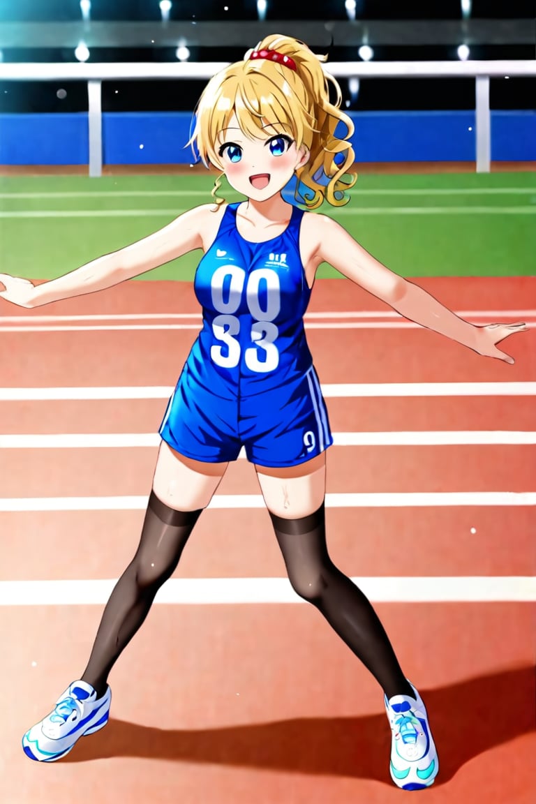 Anime Style. Olympic arena. A full body shot of a girl's (blue eyes, blond hair) beaming smile as she crosses the finish line, her curly hair tied back in a ponytail and a few loose strands framing her flushed cheeks. Her eyes sparkle with joy, reflecting the excitement of the Olympics atmosphere. The camera focuses on her triumphant pose, her arms raised in victory and her tiny running shoes planted firmly on the track's hurdles.,niji5,black stockings