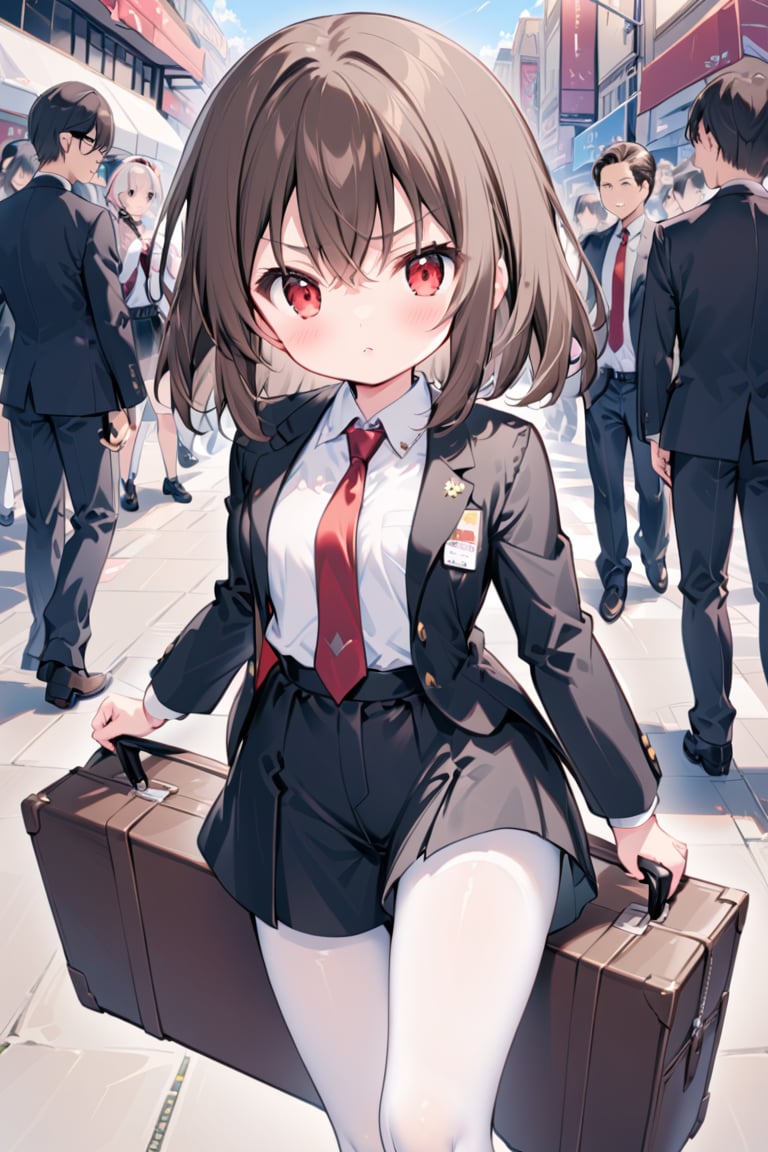 The image depicts a young anime character standing in front of a booth labeled "Hiring Now!" The character is dressed in a formal black suit with a red tie, and is carrying a brown briefcase. The character has brown hair and is looking directly at the viewer with a serious expression. The background of the image features other people, suggesting that the character is at a busy event or convention. The overall impression is that of a professional setting, possibly a job fair or a business event., loli,white stockings