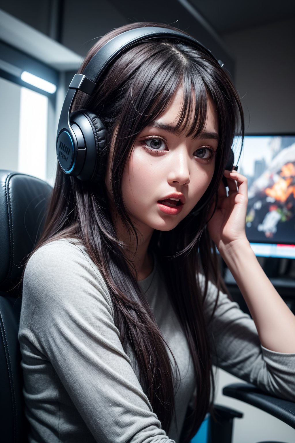 a beautiful young girl ,hearing gaming headphone,side profiling,scary expression,
 scary expression, suitable for gaming video