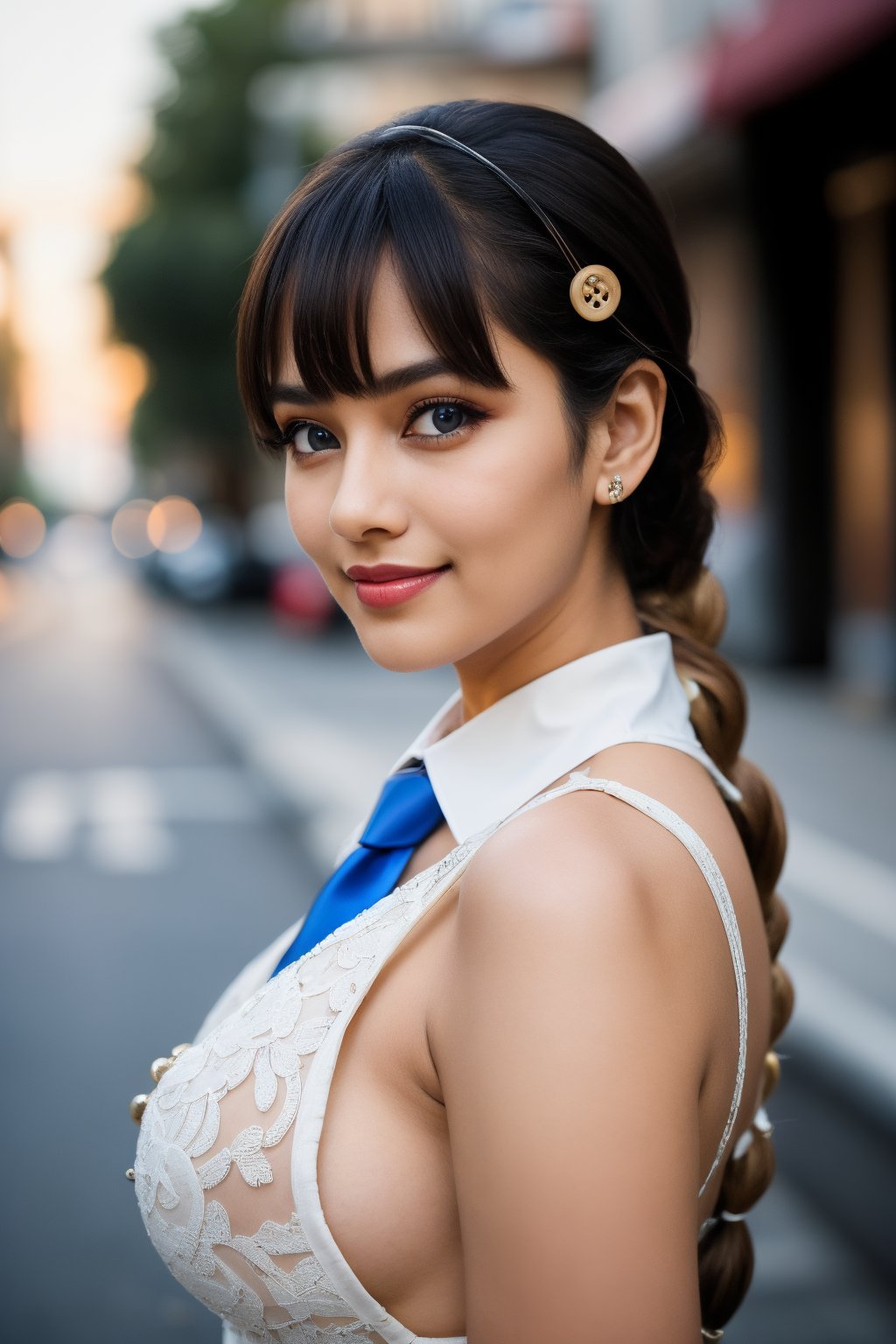 masterpiece, best quality, cute, kawaii, Long hair, wavy hair, Indian  hair, blue  eyes, swept bangs, , large open  breasts, button gap, braid, transparent   top, hairpin, necktie, depth of field, street, bokeh, night, portrait, Indian Women,curvy body 