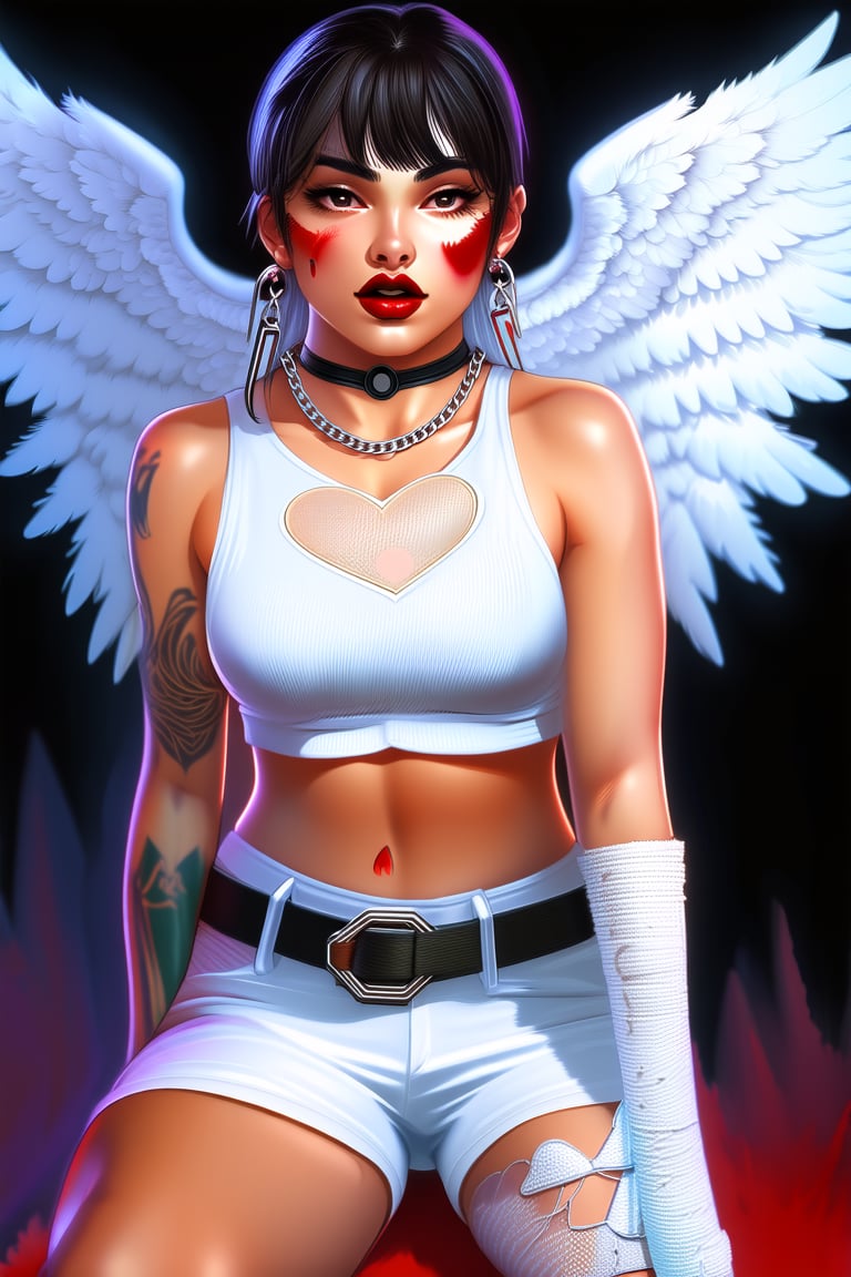 1girl, solo, looking at viewer, bangs, shirt, hair ornament, thighhighs, gloves, jewelry, sitting, white hair, heart, earrings, wings, shorts, sleeveless, choker, elbow gloves, midriff, belt, white gloves, collar, lips, crop top, grey eyes, blood, tattoo, chain, bandages, piercing, bandaid, feathered wings, angel wings, injury, white shorts, bandaged arm, realistic, white wings, bandaid on face, red lips, cuts, heart tattoo, bandaid on arm