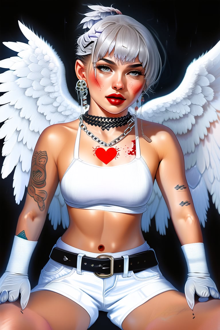 1girl, solo, looking at viewer, bangs, shirt, hair ornament, thighhighs, gloves, jewelry, sitting, white hair, heart, earrings, wings, shorts, sleeveless, choker, elbow gloves, midriff, belt, white gloves, collar, lips, crop top, grey eyes, blood, tattoo, chain, bandages, piercing, bandaid, feathered wings, angel wings, injury, white shorts, bandaged arm, realistic, white wings, bandaid on face, red lips, cuts, heart tattoo, bandaid on arm