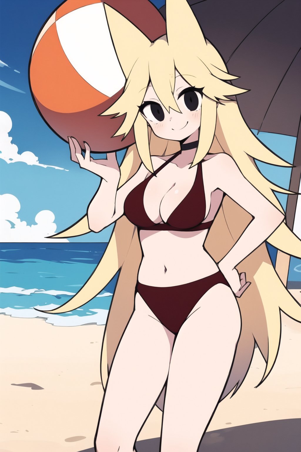 score_8_up, score_7_up, score_6_up, score_5_up,Mogeko, 1girl, solo, high_details, masterpiece, female_focus, black eyes, blonde hair, long hair, animal ears, fake animal ears, smile good_hands, better_hands, swimsuit, bikini, background_sky, cleavage, red_bikini, beach, holding_item, carrying_item, 1_red_ beach_ball