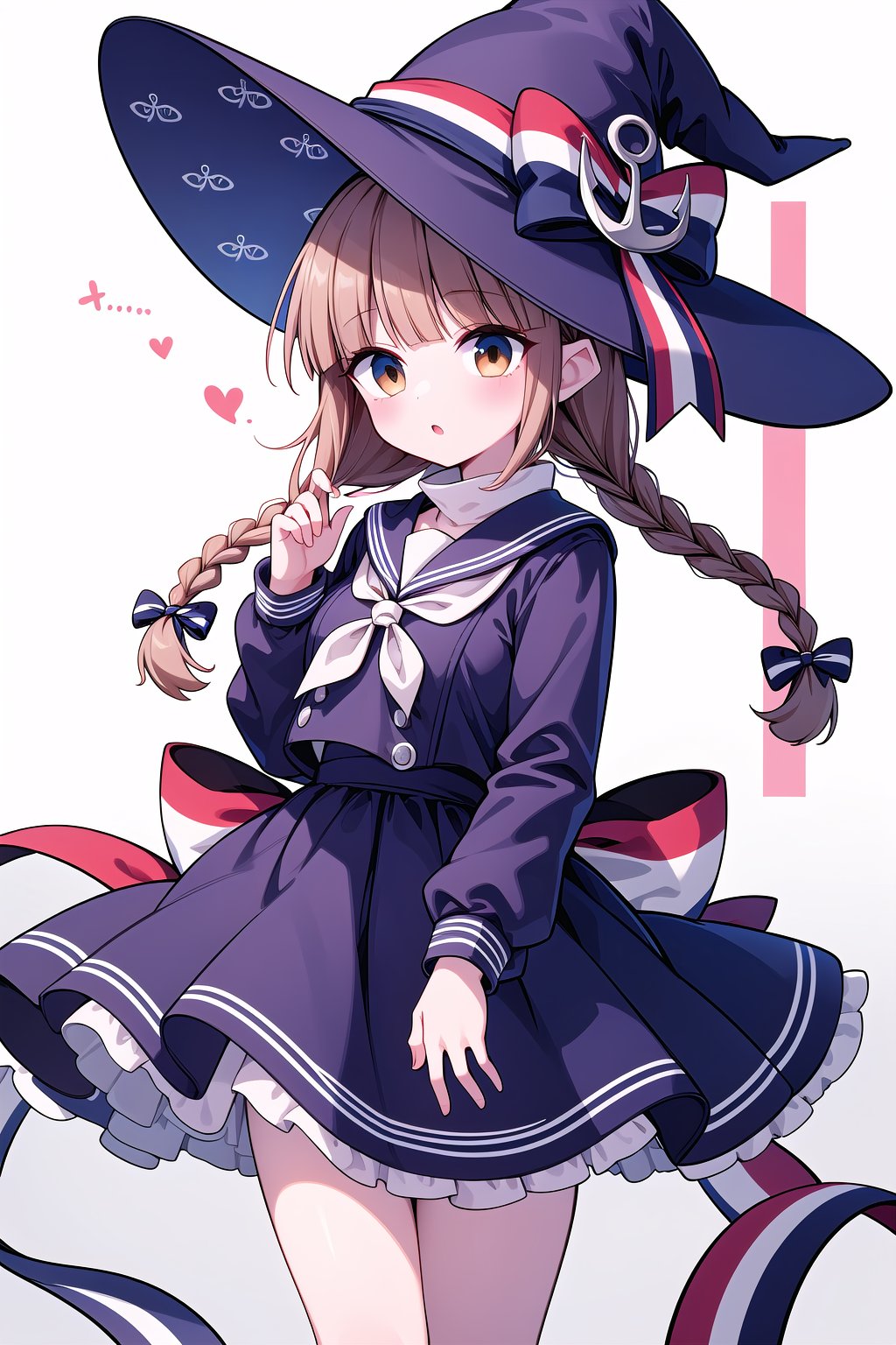 (masterpiece,bestquality,ultra_detailed,highres,absurdres:1.2),1girl,solo,wadanohara, witch hat, hat bow, multicolored bow, blue dress, blue hat, twin braid, long hair, handkerchief, anchor, hat ornament, sailor collar, white bow, multicolored ribbon, white skin, 