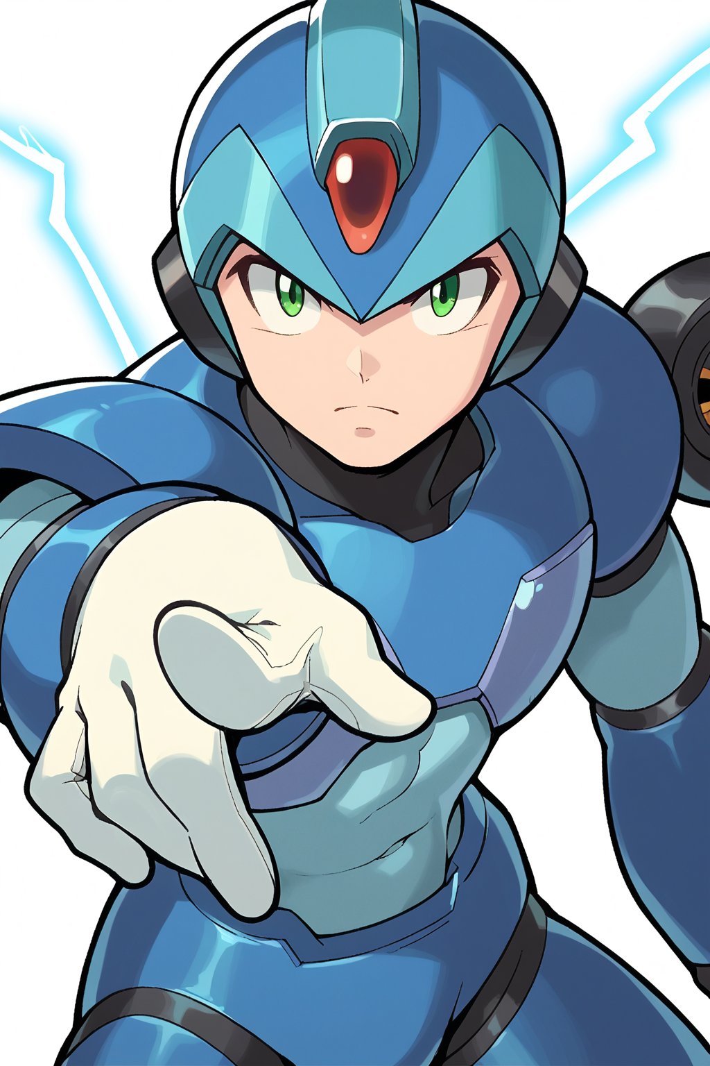 X, score_8_up, score_7_up, score_6_up, score_5_up, solo, 1boy, male focus, helmet, android, blue armor, green eyes, masterpiece, high quality, arm cannon, looking_at_viewer,pointing electricity