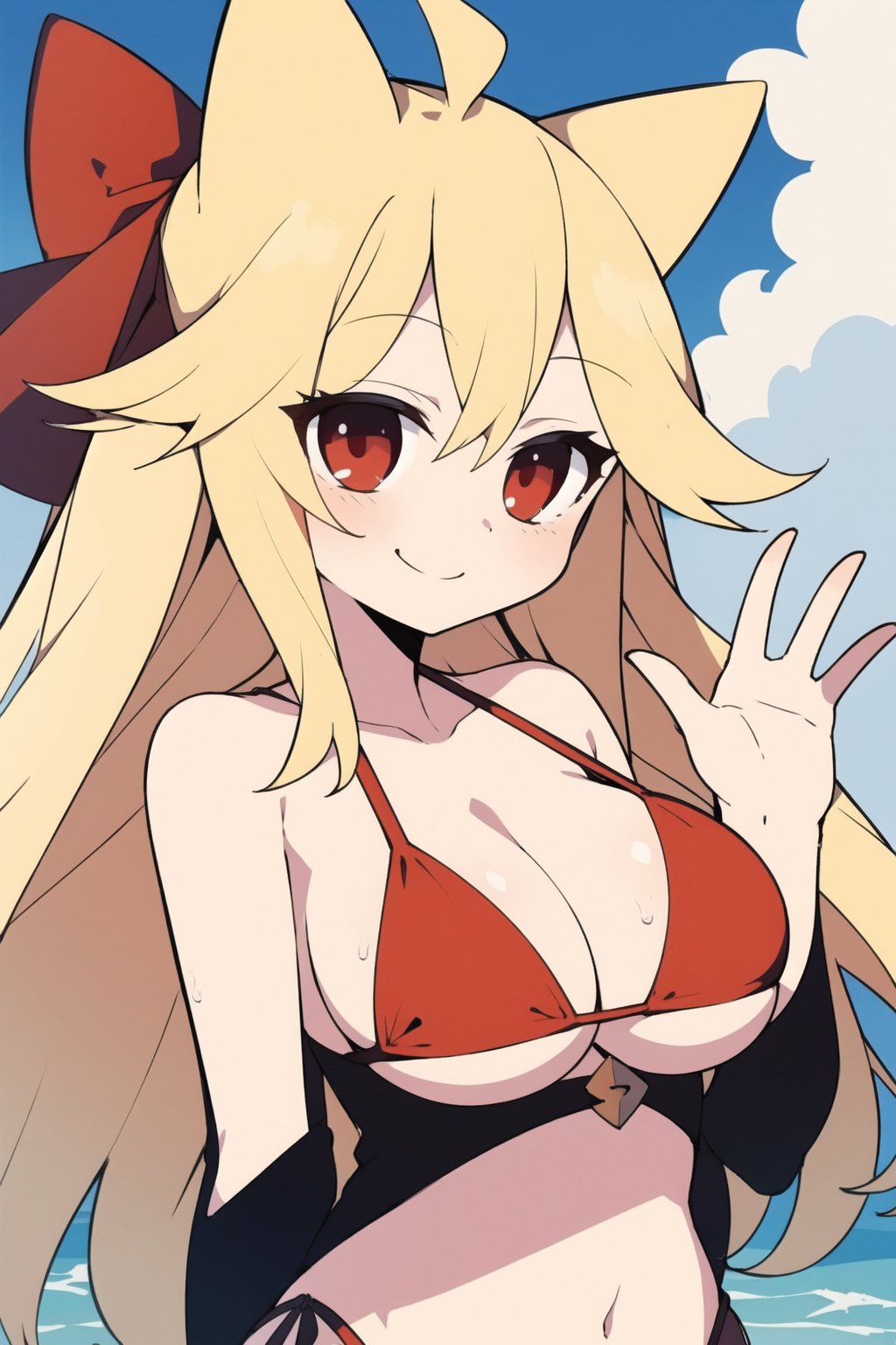 score_8_up, score_7_up, score_6_up, score_5_up,Mogeko, 1girl, solo,
female_focus, blonde hair, long hair, animal ears, fake animal ears, smile good_hands, better_hands, swimsuit, bikini, background_sky, cleavage, red_bikini,