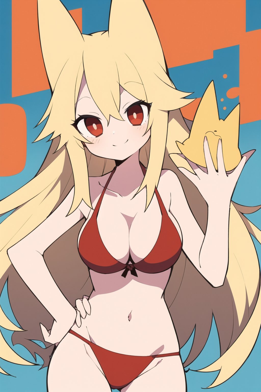 score_8_up, score_7_up, score_6_up, score_5_up,Mogeko, 1girl, solo,
female_focus, blonde hair, long hair, animal ears, fake animal ears, smile good_hands, better_hands, swimsuit, bikini, background_sky, cleavage, red_bikini,