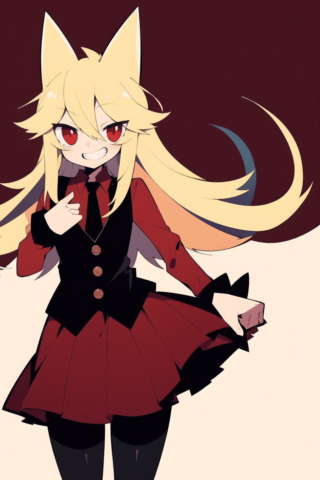 score_8_up, score_7_up, score_6_up, score_5_up,Mogeko, 1girl, solo, high_details, masterpiece, female_focus, long hair, blonde hair, red eyes, long black sleeves, animal ears, tail, cowboy shot, pleated skirt, grin, vest, red skirt, (red shirt), black necktie, long black stockings, black boots, :}, stocking, good_hands, castle, indors_background