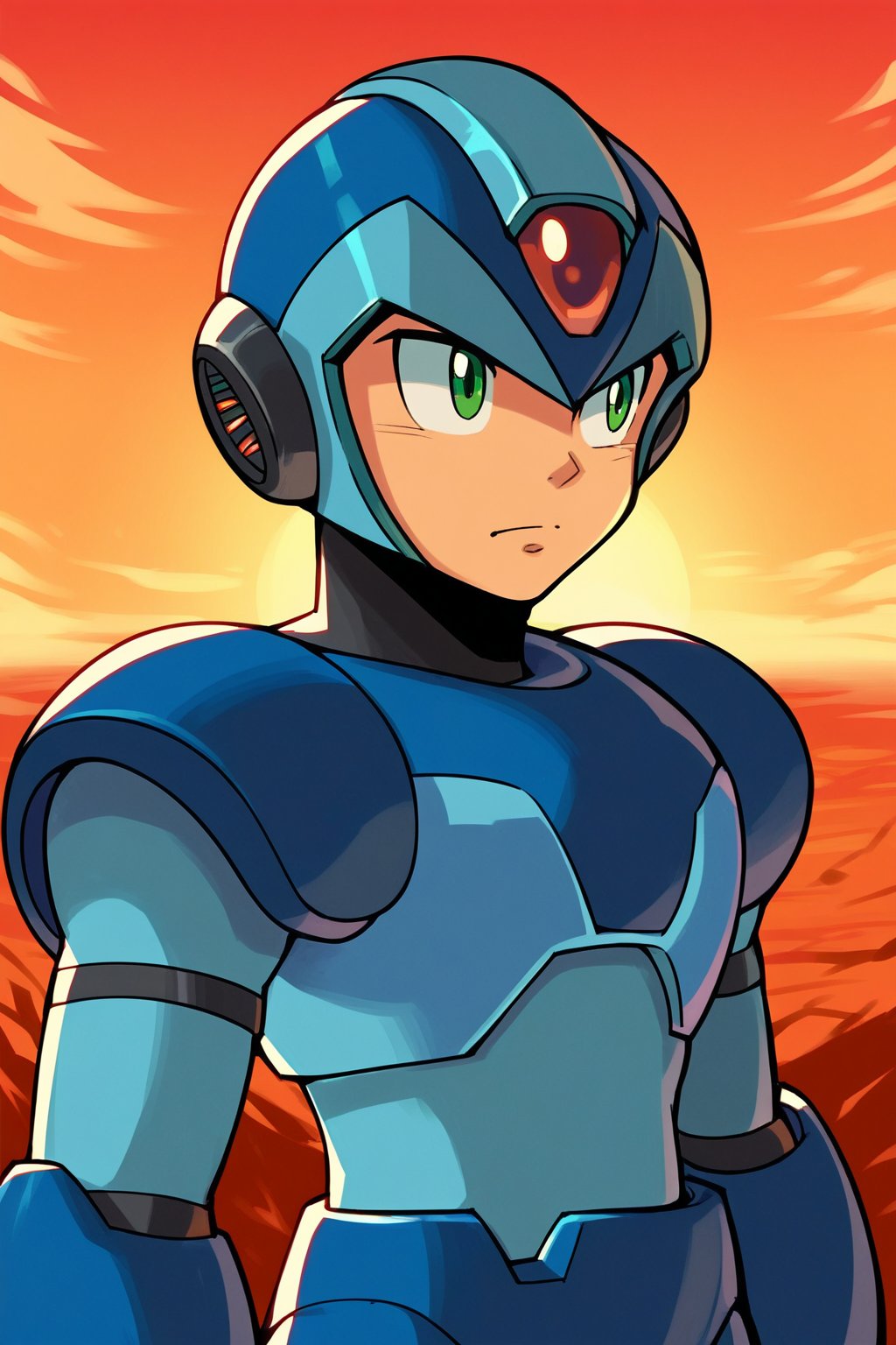 X, score_8_up, score_7_up, score_6_up, score_5_up, solo, 1boys, helmet, android, blue armor, green eyes, masterpiece, high quality, looking_away, 
sunset sky, upper_body