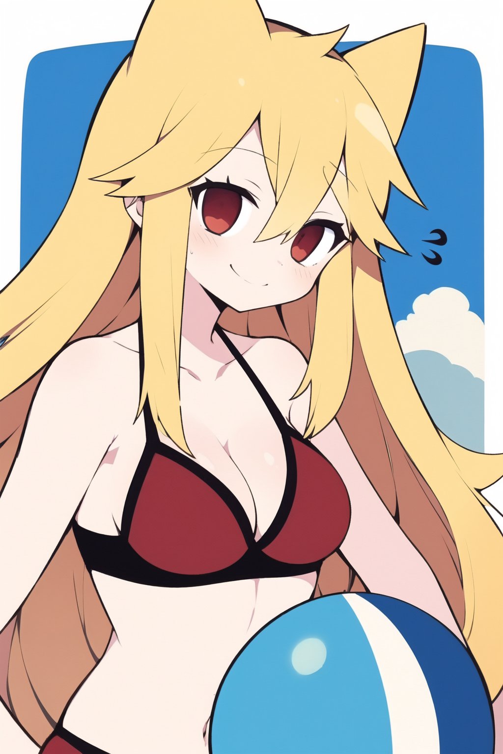 score_8_up, score_7_up, score_6_up, score_5_up,Mogeko, 1girl, solo,
female_focus, blonde hair, long hair, animal ears, fake animal ears, smile good_hands, better_hands, swimsuit, bikini, background_sky, cleavage, red_bikini, beach, holding_item, carrying_item, 1_beach_ball