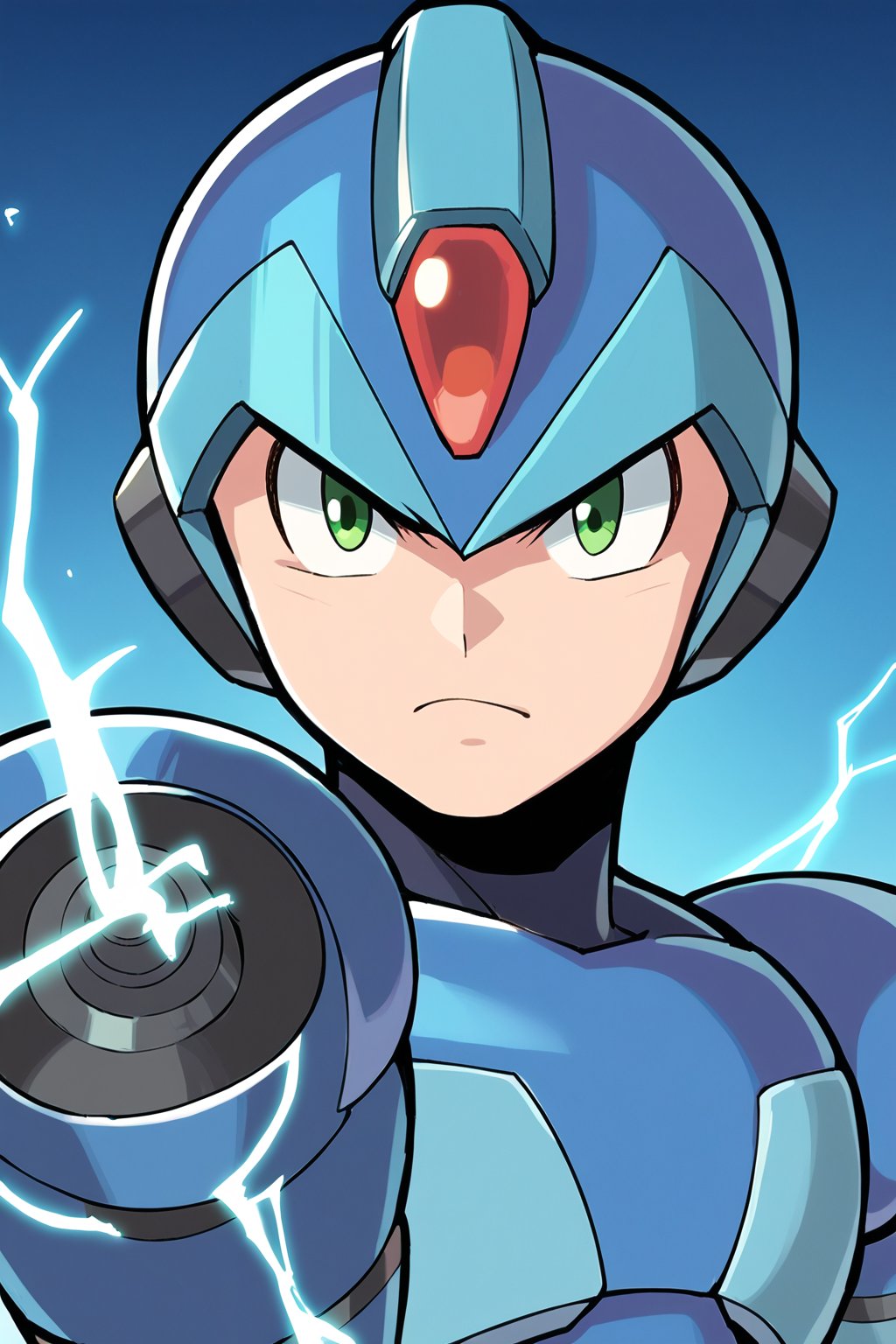 X, score_8_up, score_7_up, score_6_up, score_5_up, solo, 1boy, male focus, helmet, android, blue armor, green eyes, masterpiece, high quality, arm cannon, looking_at_viewer,pointing electricity, angry, pissed_off