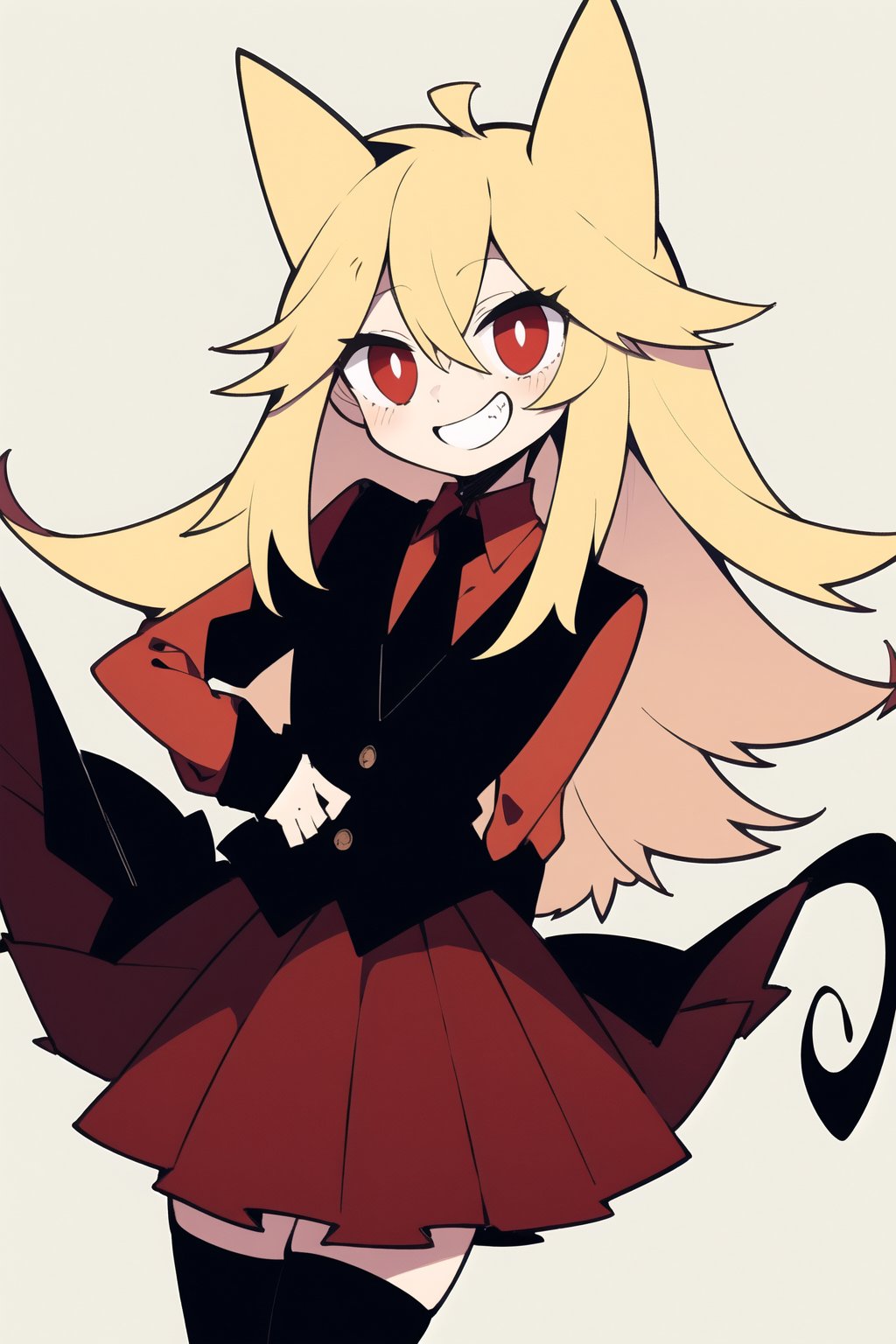 score_8_up, score_7_up, score_6_up, score_5_up,Mogeko, 1girl, solo, high_details, masterpiece, female_focus, long hair, blonde hair, simple background, red eyes, long black sleeves, animal ears, tail, cowboy shot, pleated skirt, grin, vest, red skirt, (red shirt), black necktie, long black stockings, black boots, :}