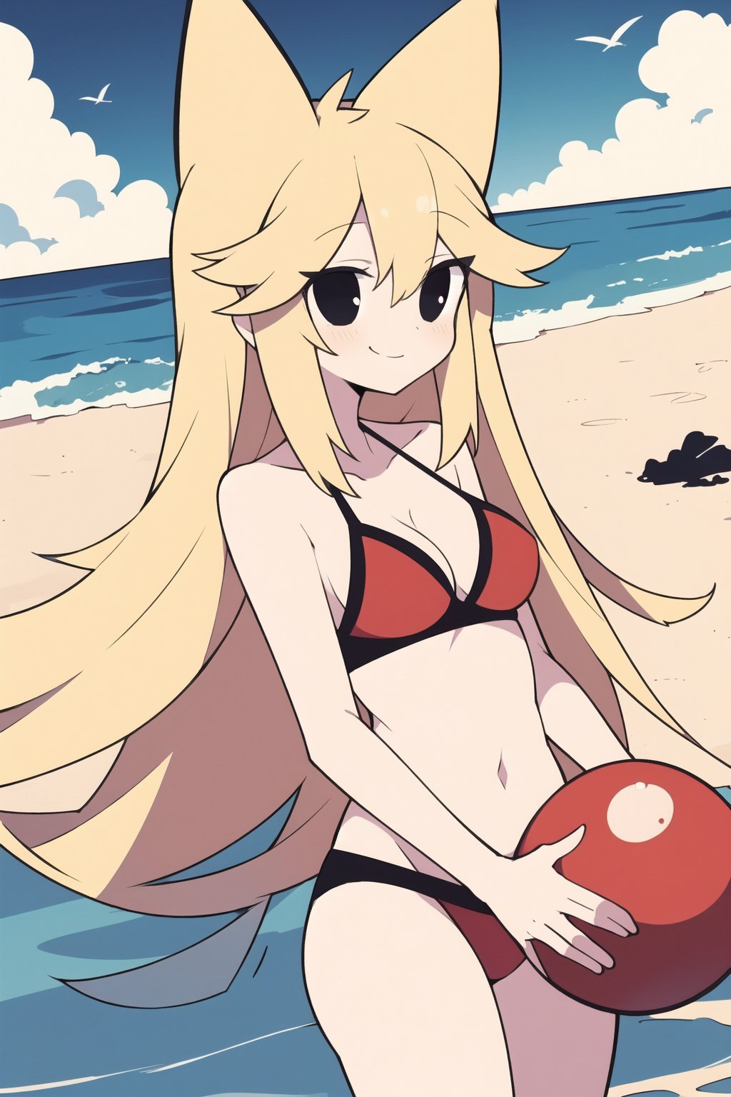 score_8_up, score_7_up, score_6_up, score_5_up,Mogeko, 1girl, solo, high_details, masterpiece, female_focus, black eyes, blonde hair, long hair, animal ears, fake animal ears, smile good_hands, better_hands, swimsuit, bikini, background_sky, cleavage, red_bikini, beach, holding_item, carrying_item, 1_red_ beach_ball