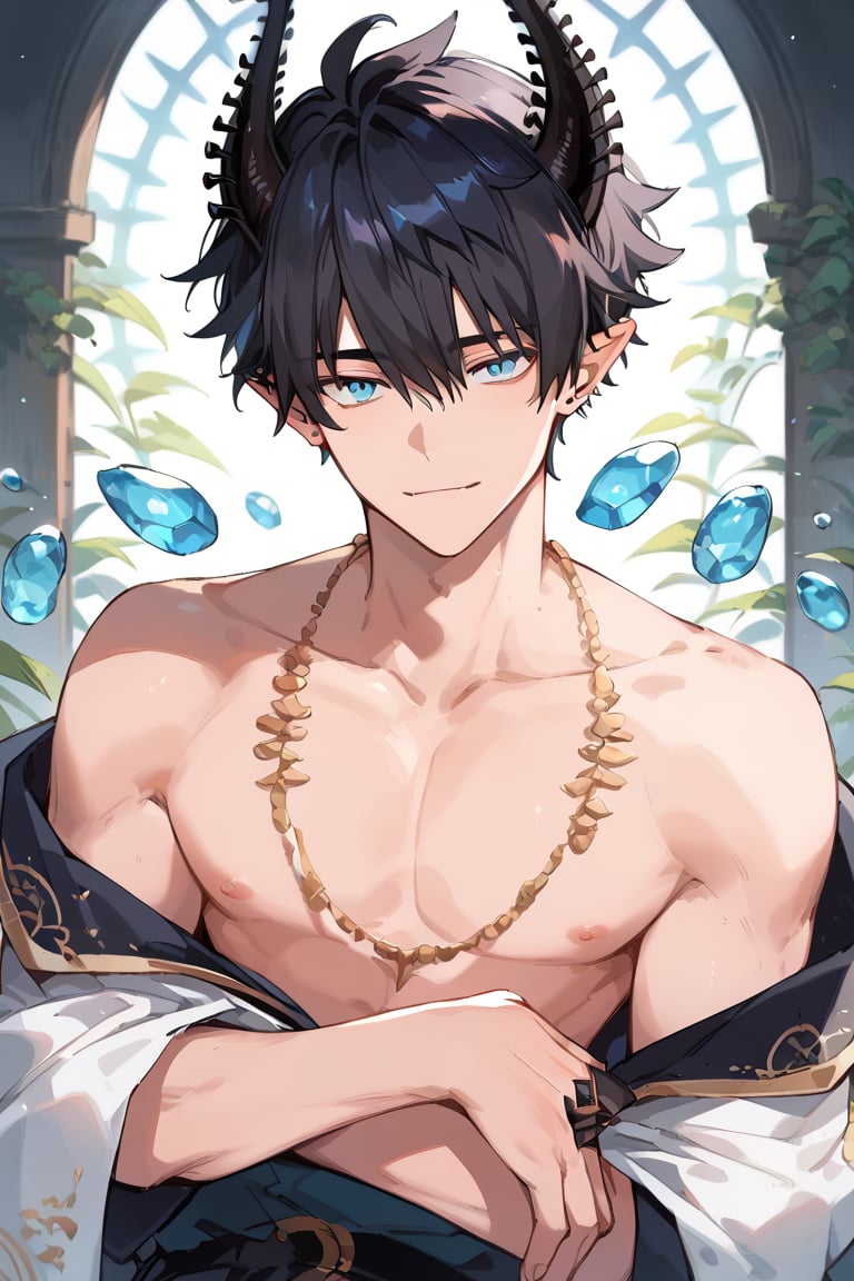 score_9, score_8_up, score_7_up, masterpiece, best quality, 1boy, male focus, ren_zotto, horns, black hair, blue eyes, pointy ears, looking at viewer