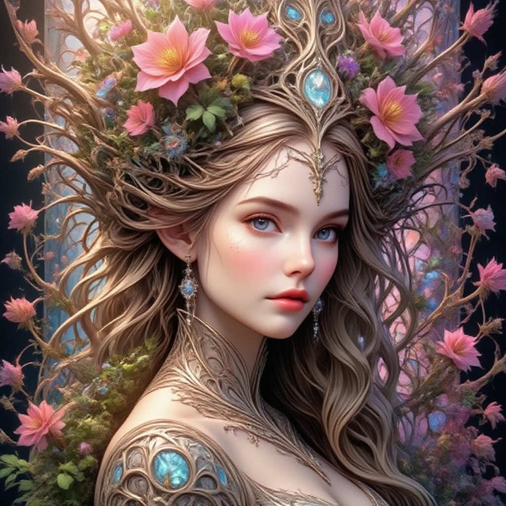 ElfFractalArt, A delicate, ethereal beauty emerges from a vibrant tapestry of flowers. A stunning woman, her porcelain skin glowing softly under the warm sunlight, is composed entirely of blooming petals and stems.