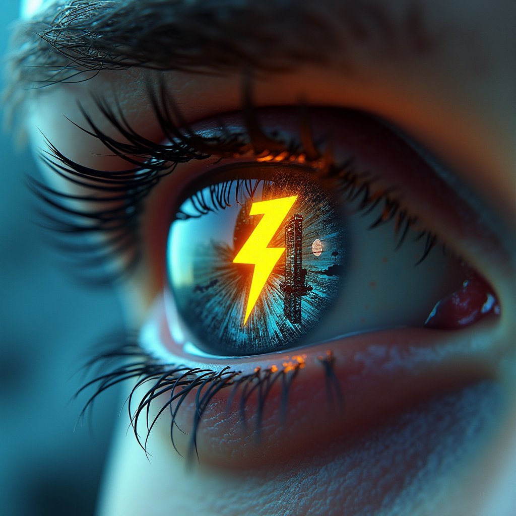 Create an image where the viewer is looking into a human eye. (man) In the eye's reflection, depict a futuristic and war-torn world, a neon glowing faded yellow zeus thunderbolt sign, The landscape should be overrun with advanced AI technology, tall buildings covered in digital advertisements and holograms, glowing cybernetic iris