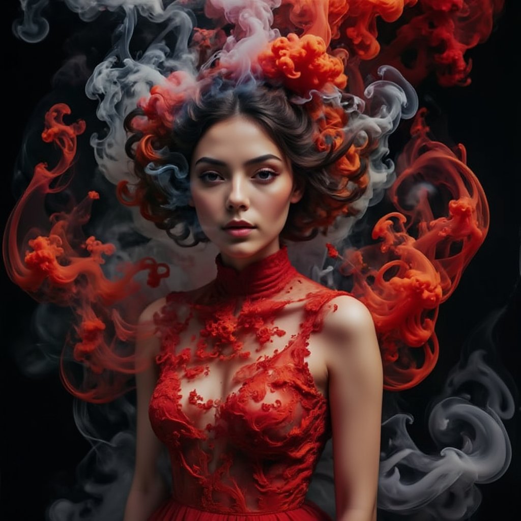 nebulous, a beautiful women wearing a red dress,