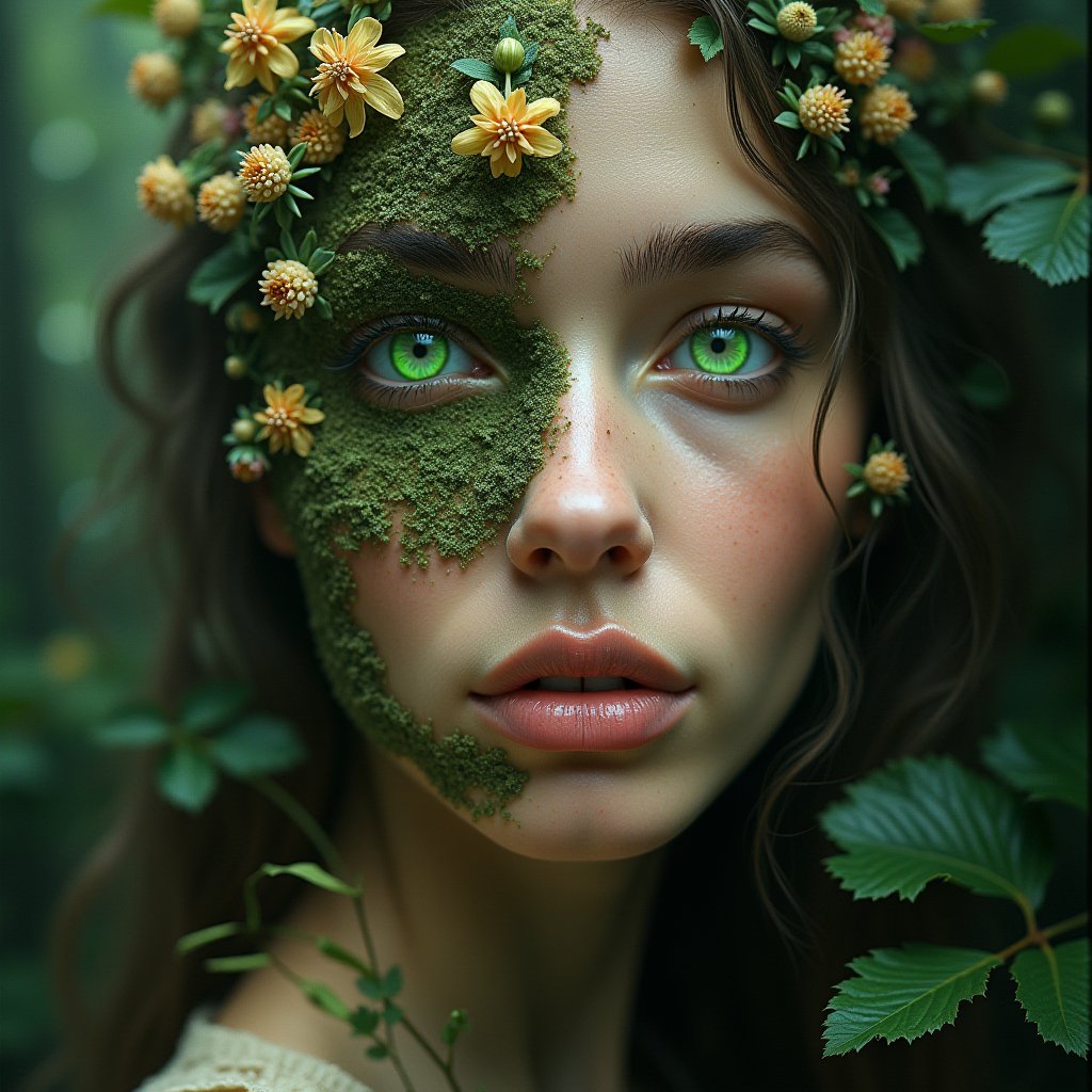 A surreal female portrait where half of the face is human and the other half morphs into elements of nature. One side of her face is covered in delicate flowers and leaves, her eye glowing with a natural, earthy green. The background shows a harmonious blend of forest textures, with soft light rays penetrating through.
