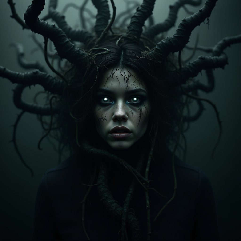 A dark, surreal image of a female face emerging from the shadows, her features intertwined with twisted tree roots and vines. Her eyes glow faintly with a haunting light, and her hair flows like dark, thorny branches. The atmosphere is misty and ominous, with fog curling around her face as if she is a spirit of the forest.


