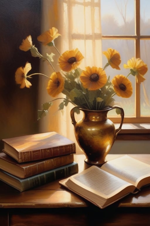 A warm and inviting oil painting: A gentle afternoon sunlight casts a golden glow on a still life arrangement of vintage books and antique vases, set against a richly textured, distressed wooden table. Soft brushstrokes blend hues of sienna and umber as the artist's palette comes alive with warmth and depth.