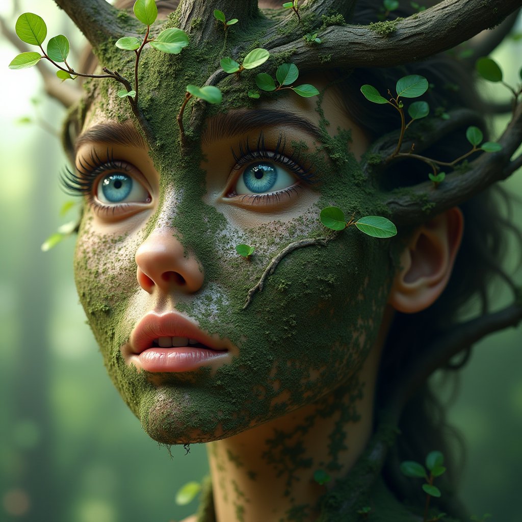 A hyper-realistic image of a female face seamlessly merged with nature, her skin transforming into tree bark, with leaves sprouting from her hair. The eyes resemble pools of water reflecting the sky, and subtle vines intertwine across her face, blending with her features. Soft sunlight filters through the branches above, creating a serene, ethereal atmosphere.

