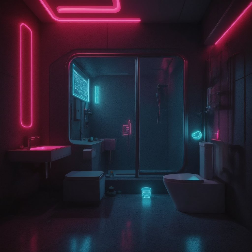 TechnoScape, a bathrom, dim light, evening scene