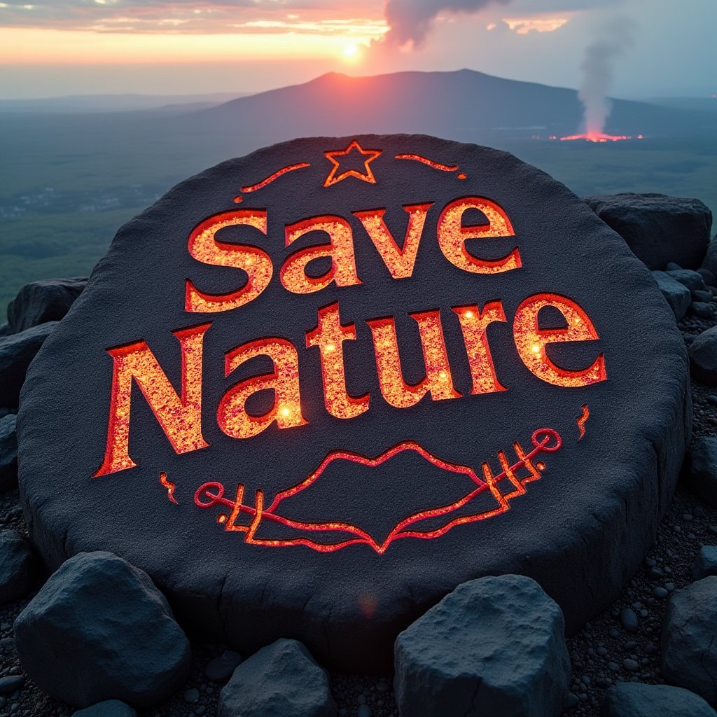 LOGO which says "Save Nature", engraved on a large volcano


