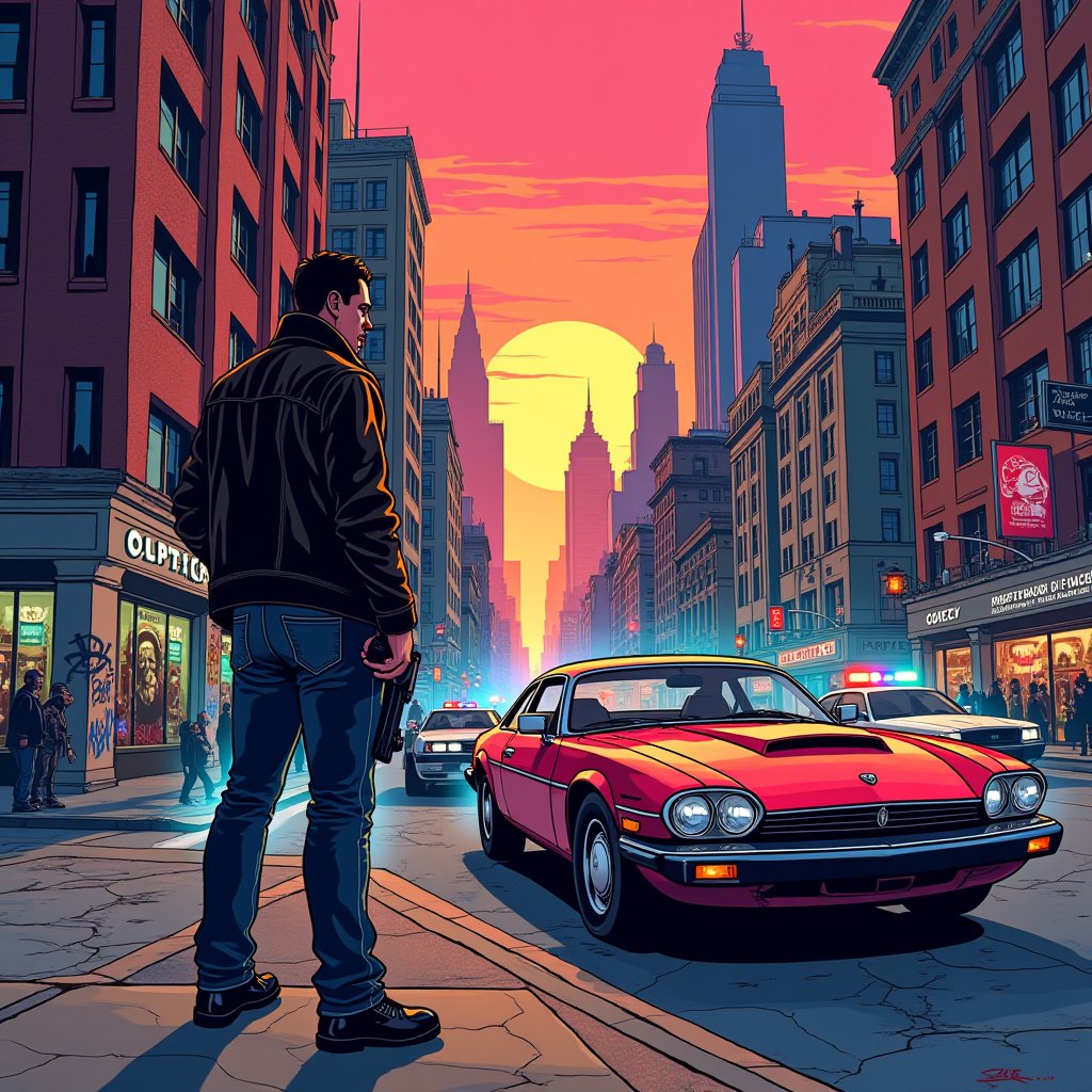 A comic-book style urban cityscape, inspired by Grand Theft Auto. Vibrant colors with bold outlines, detailed streets filled with cars and pedestrians, large skyscrapers in the background. A protagonist character standing next to a luxury car, holding a gun, wearing a leather jacket and jeans. Neon lights, graffiti on the walls, and a sunset sky reflecting off the windows. A dynamic action scene with explosions and police cars chasing.