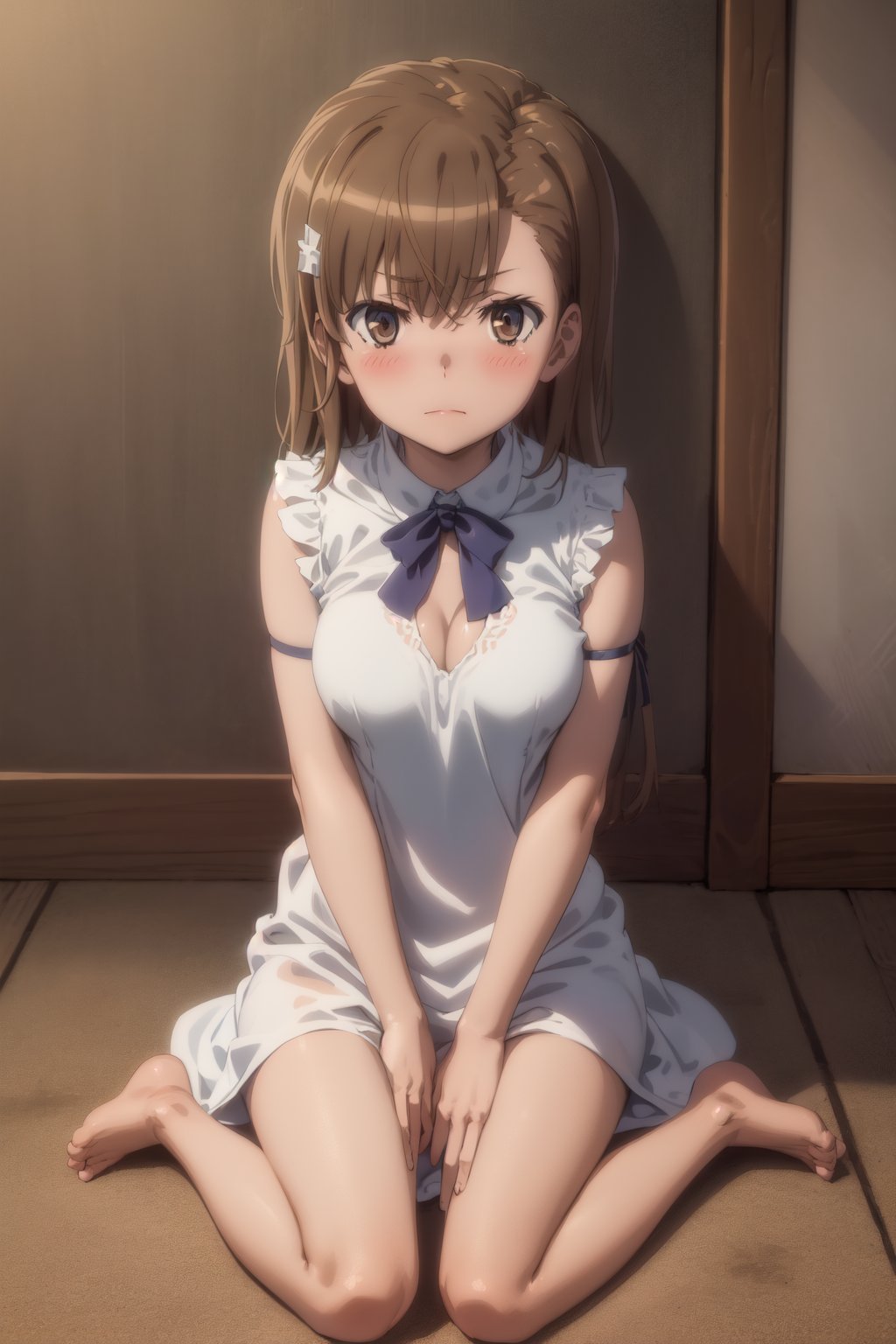 masterpiece, best quality, highres, aamikoto, short hair,  , blushing, closed_mouth, looking at viewer, wariza, upper_body, , arm front legs, barefoot, rei no himo, white_dress, short_dress, 