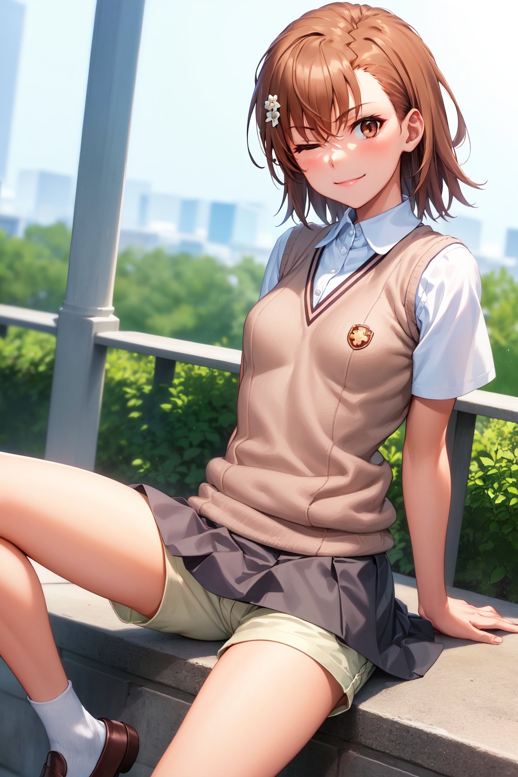 masterpiece, best quality, highres, aamikoto, short hair, hair flower, white shirt, sweater vest, short sleeves,one eye closed , , smile, closed_mouth, looking at viewer, grey skirt, shorts under skirt, Spread legs, brown_loafers,cowboy_shot, arm behind back,