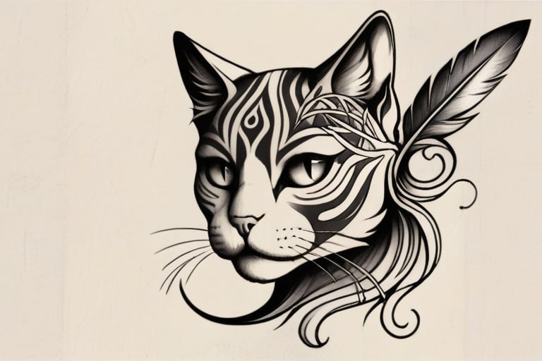 cat tattoo sketch flowing curve lines and feathers incorporated in cat design detailed cat face 