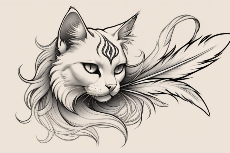 cat tattoo sketch flowing curve lines. 
long feathers incorporated in cat furr. 
detailed cat face 