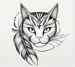 cat tattoo sketch
flowing curve lines and feathers incorporated in cat design
detailed cat face