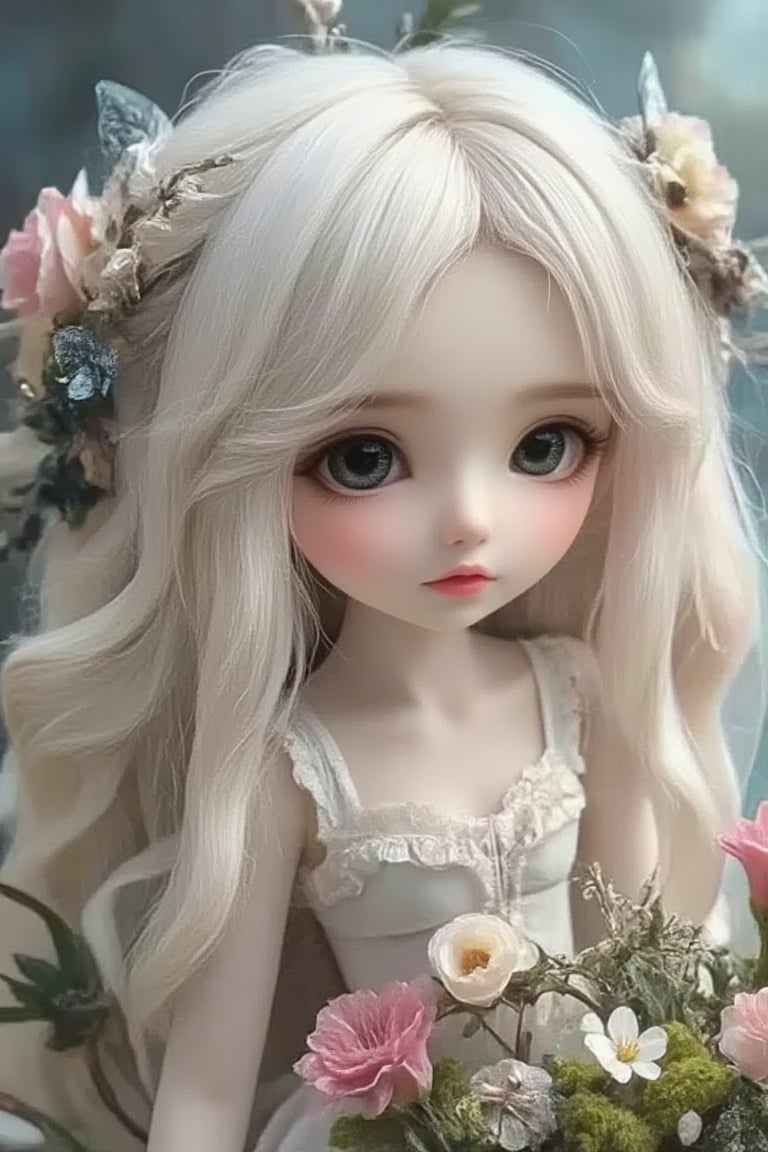 "doll with large eyes and soft features, wearing a delicate pastel-colored dress, surrounded by nature-inspired elements like small flowers, moss, and butterflies. The doll has long, flowing, fluffy hair that is white-blonde, styled gently with flowers woven into it. The scene is dreamy and tranquil, with a soft, ethereal glow, evoking a whimsical fairy tale or enchanted forest setting."cosplay,