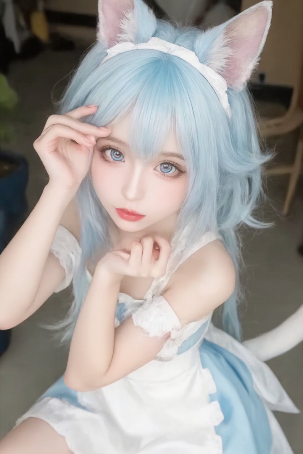 Animal ears,cat ears,male focus,apron,tail,cat tail,otoko no ko,open mouth,blue hair,solo,white hair,maid headdress,blue eyes,looking at viewer,wariza,hair ornament,cat boy,sitting,pale skin,bow,apron,far wide_shot hair eyes,far hair eyes,