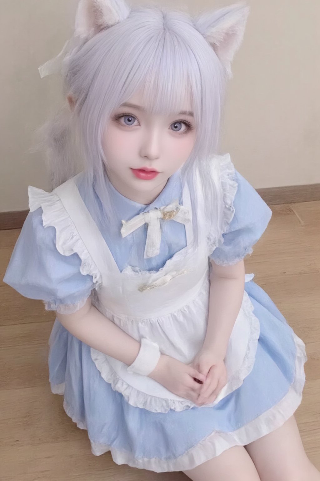 Animal ears,cat ears,male focus,apron,tail,cat tail,otoko no ko,open mouth,blue hair,solo,white hair,maid headdress,blue eyes,looking at viewer,wariza,hair ornament,cat boy,sitting,pale skin,bow,apron,far wide_shot hair eyes,far hair eyes,