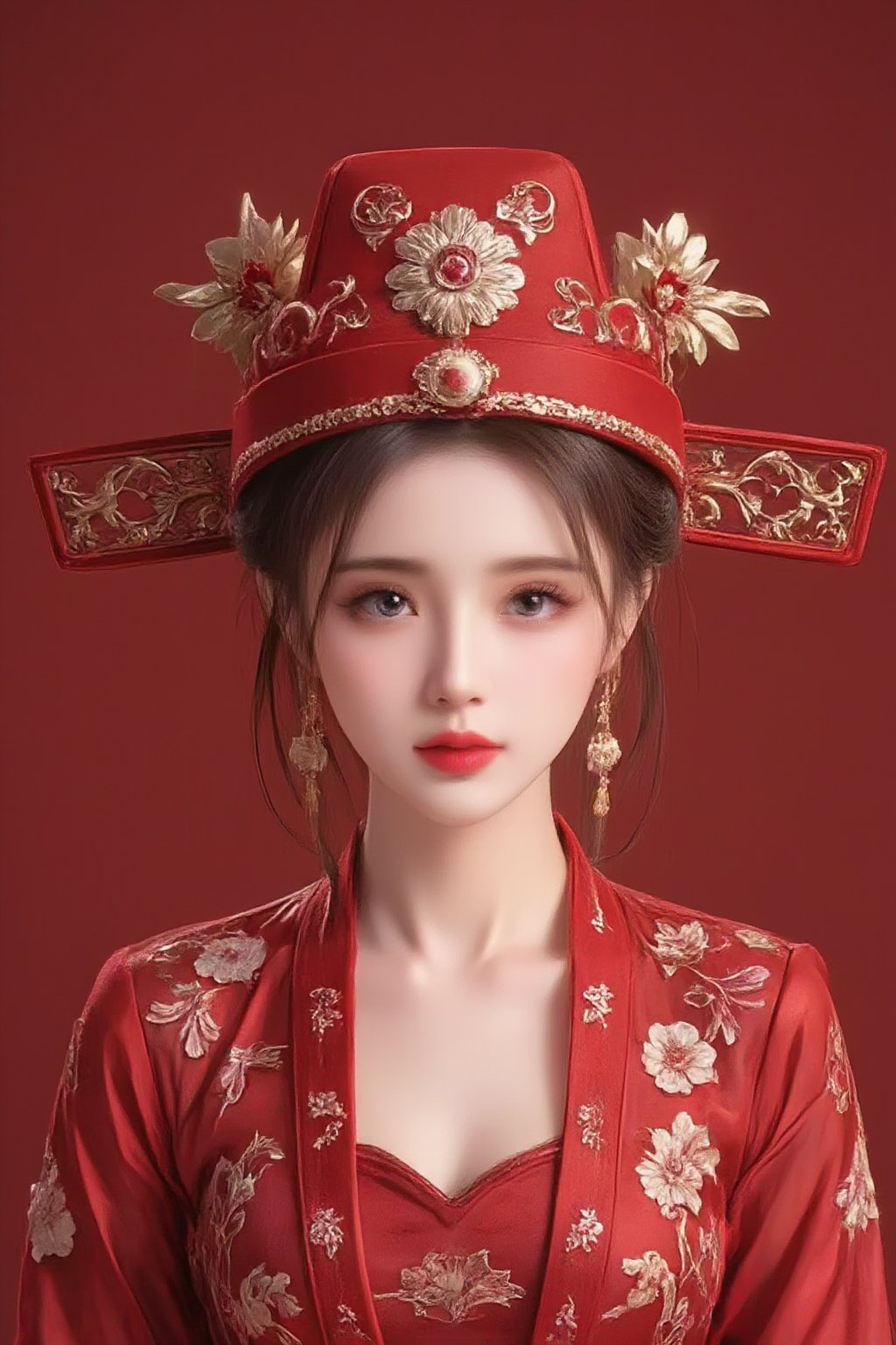 1women,hat,wthite Chinese clothes,portrait,Red background