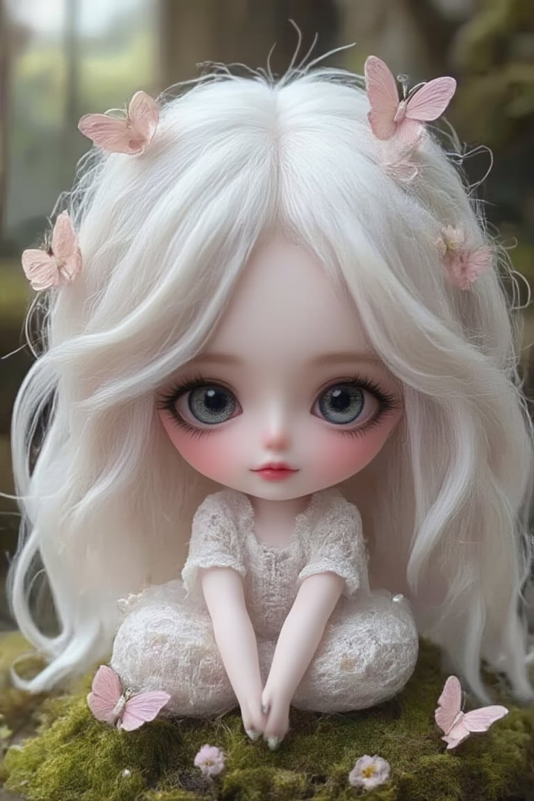 "Chibi doll with large eyes and soft features, wearing a delicate pastel-colored dress, surrounded by nature-inspired elements like small flowers, moss, and butterflies. The doll has long, flowing, fluffy hair that is white-blonde, styled gently with flowers woven into it. The scene is dreamy and tranquil, with a soft, ethereal glow, evoking a whimsical fairy tale or enchanted forest setting."