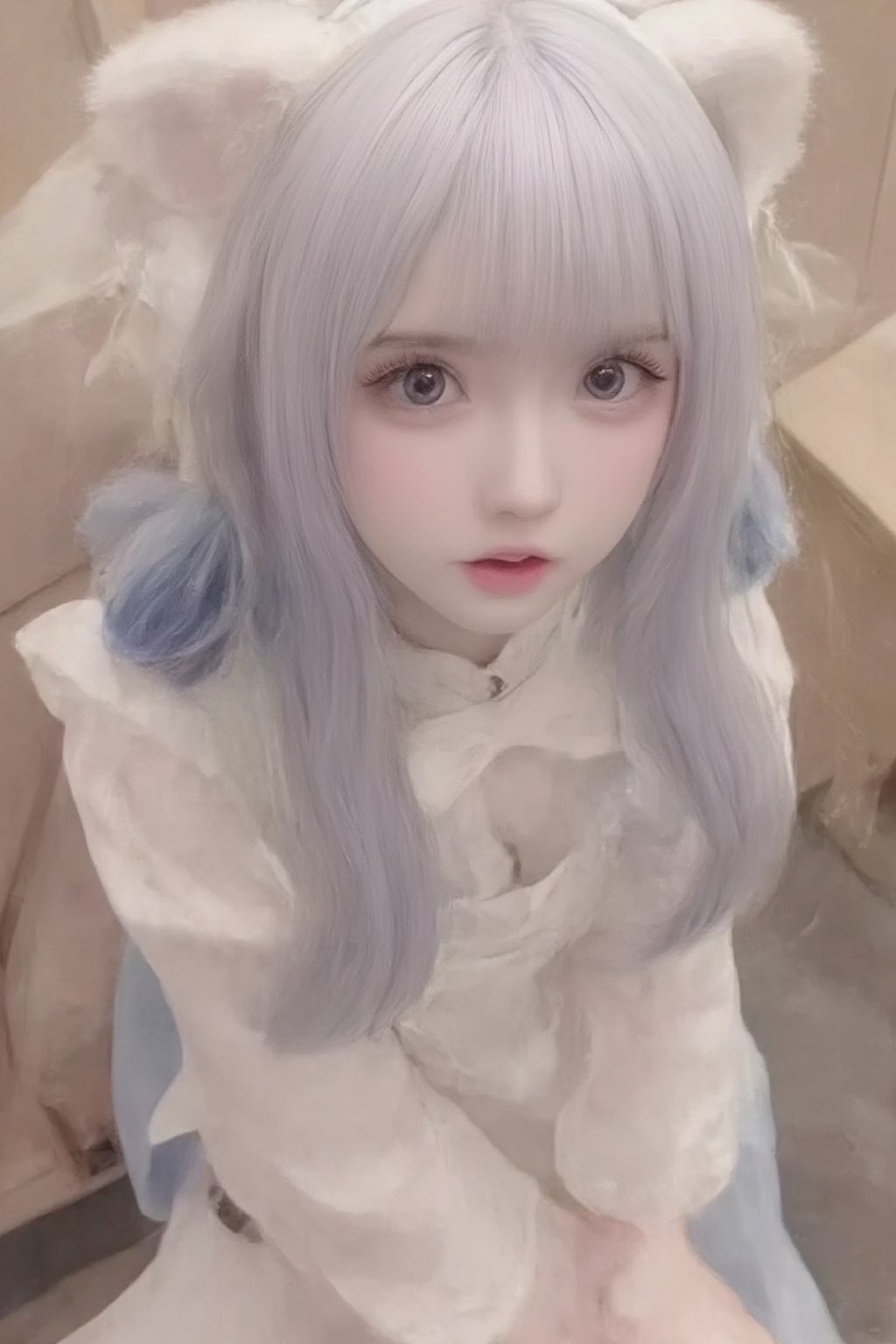 Animal ears,cat ears,male focus,apron,tail,cat tail,otoko no ko,open mouth,blue hair,solo,white hair,maid headdress,blue eyes,looking at viewer,wariza,hair ornament,cat boy,sitting,pale skin,bow,apron,far wide_shot hair eyes,far hair eyes,