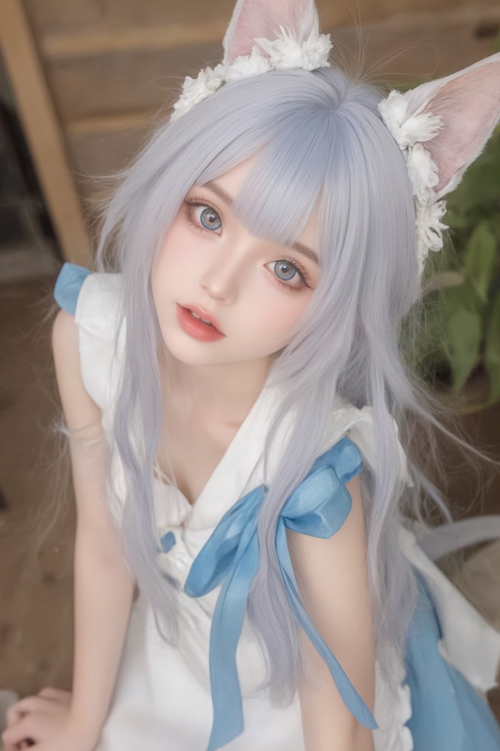 Animal ears,cat ears,male focus,apron,tail,cat tail,otoko no ko,open mouth,blue hair,solo,white hair,maid headdress,blue eyes,looking at viewer,wariza,hair ornament,cat boy,sitting,pale skin,bow,apron,far wide_shot hair eyes,far hair eyes,