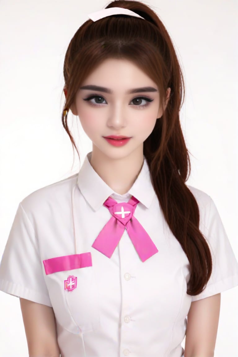 1girl,solo,Nurse,looking_at_viewer,pink_necktie,white_shirt,ahoge,blush,ponytail,collared_shirt,long_sleeves,simple_background,white_background,simple background,white backgroundmasterpiece,best quality, highly detailed, Thai,Vietnamese,Women's pink tie,Typhoid engine,big pupil,brown pupil,long eye,