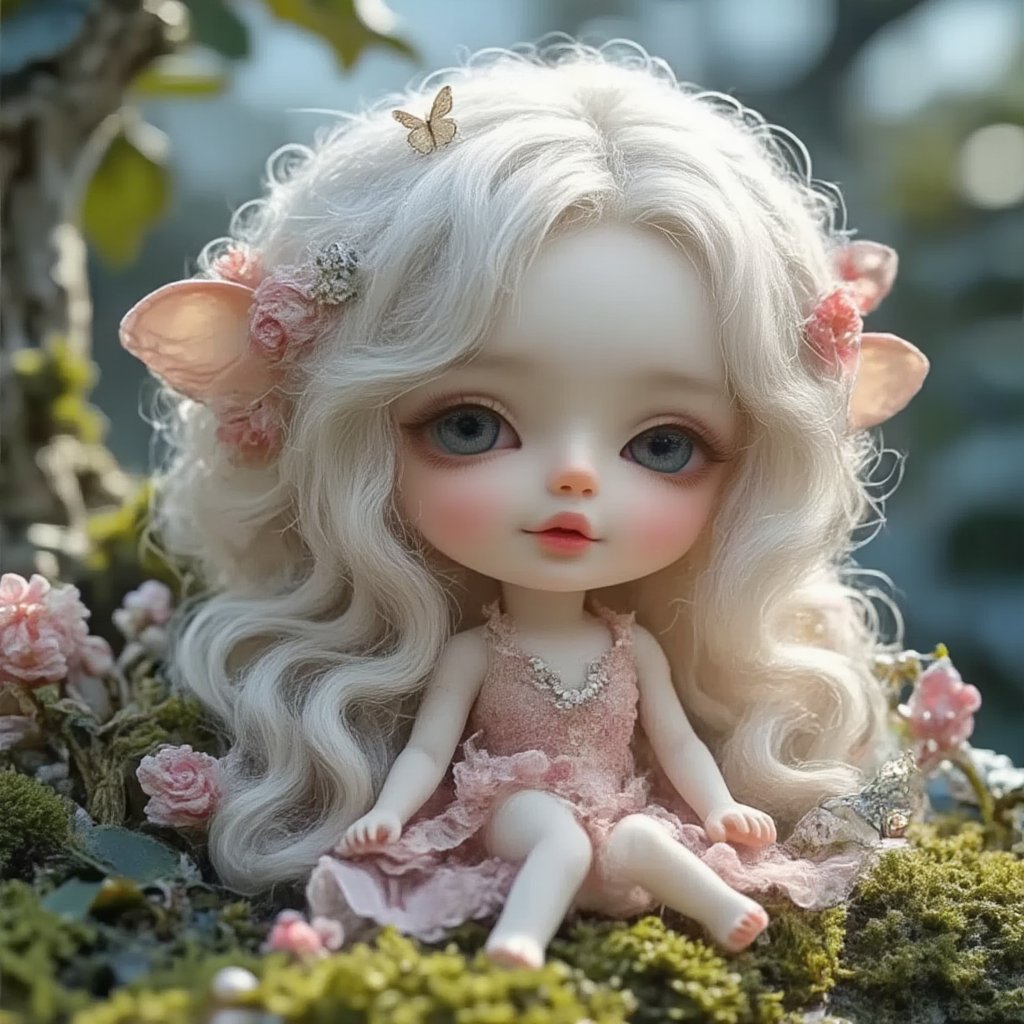 "Chibi doll with large eyes and soft features, wearing a delicate pastel-colored dress, surrounded by nature-inspired elements like small flowers, moss, and butterflies. The doll has long, flowing, fluffy hair that is white-blonde, styled gently with flowers woven into it. The scene is dreamy and tranquil, with a soft, ethereal glow, evoking a whimsical fairy tale or enchanted forest setting."