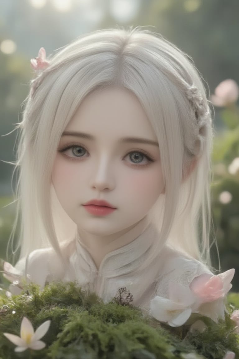 "Chibi doll with large eyes and soft features, wearing a delicate pastel-colored dress, surrounded by nature-inspired elements like small flowers, moss, and butterflies. The doll has long, flowing, fluffy hair that is white-blonde, styled gently with flowers woven into it. The scene is dreamy and tranquil, with a soft, ethereal glow, evoking a whimsical fairy tale or enchanted forest setting."cosplay,