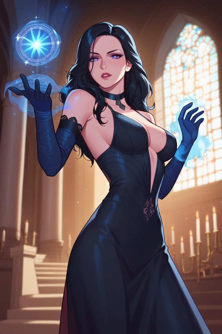 score_9, score_8_up, score_7_up, 1girl, solo, Yennefer from the witcher, exquisite dress, black dress, black gloves, magic, glowing, blue magic, hand gloves, castle interior, by and.ad, sleevless