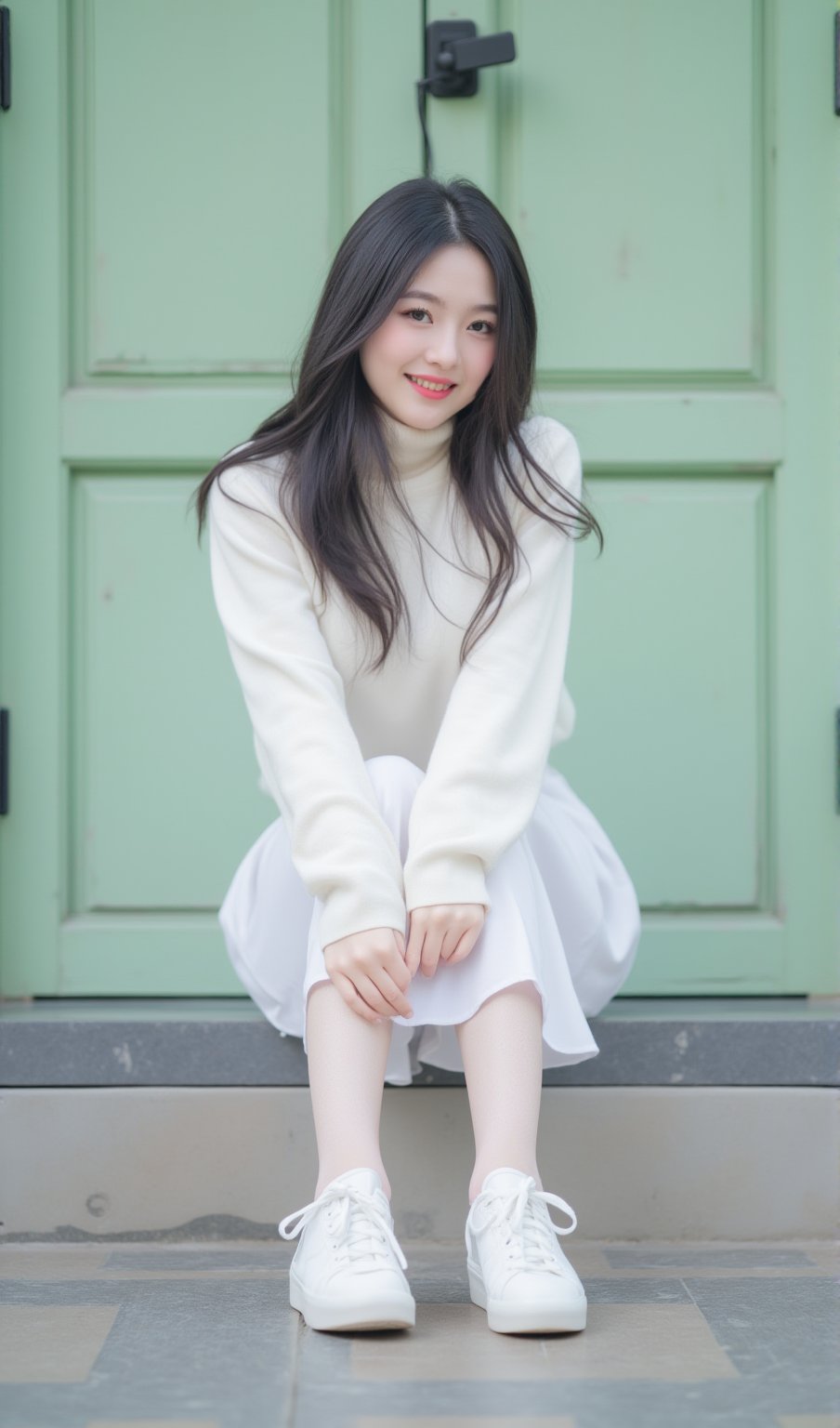 a young Asian woman is seated on a step in front of a green door. She is wearing a white long-sleeved sweater, a white skirt, and white sneakers. Her socks are tied in a bow at the waist, and she is smiling. The woman's hair is long and dark, and her eyes are open, as if she is posing for the camera. The door behind her is made of a light green wood, and the bottom half of the door is visible. The floor is made up of gray and brown tiles, and there is a black electrical outlet plugged into the wall behind the woman.