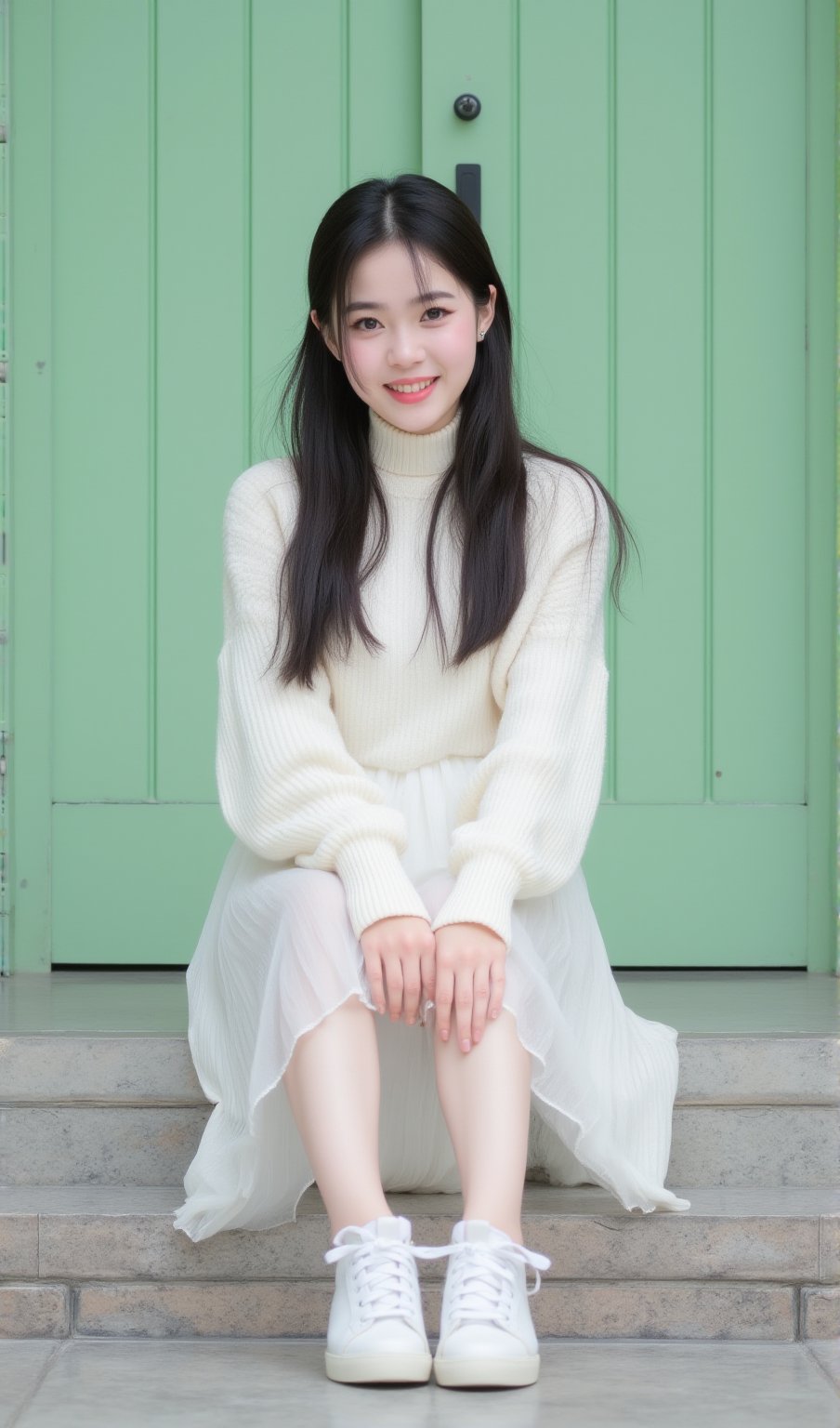 a young Asian woman is seated on a step in front of a green door. She is wearing a white long-sleeved sweater, a white skirt, and white sneakers. Her socks are tied in a bow at the waist, and she is smiling. The woman's hair is long and dark, and her eyes are open, as if she is posing for the camera. The door behind her is made of a light green wood, and the bottom half of the door is visible. The floor is made up of gray and brown tiles, and there is a black electrical outlet plugged into the wall behind the woman.