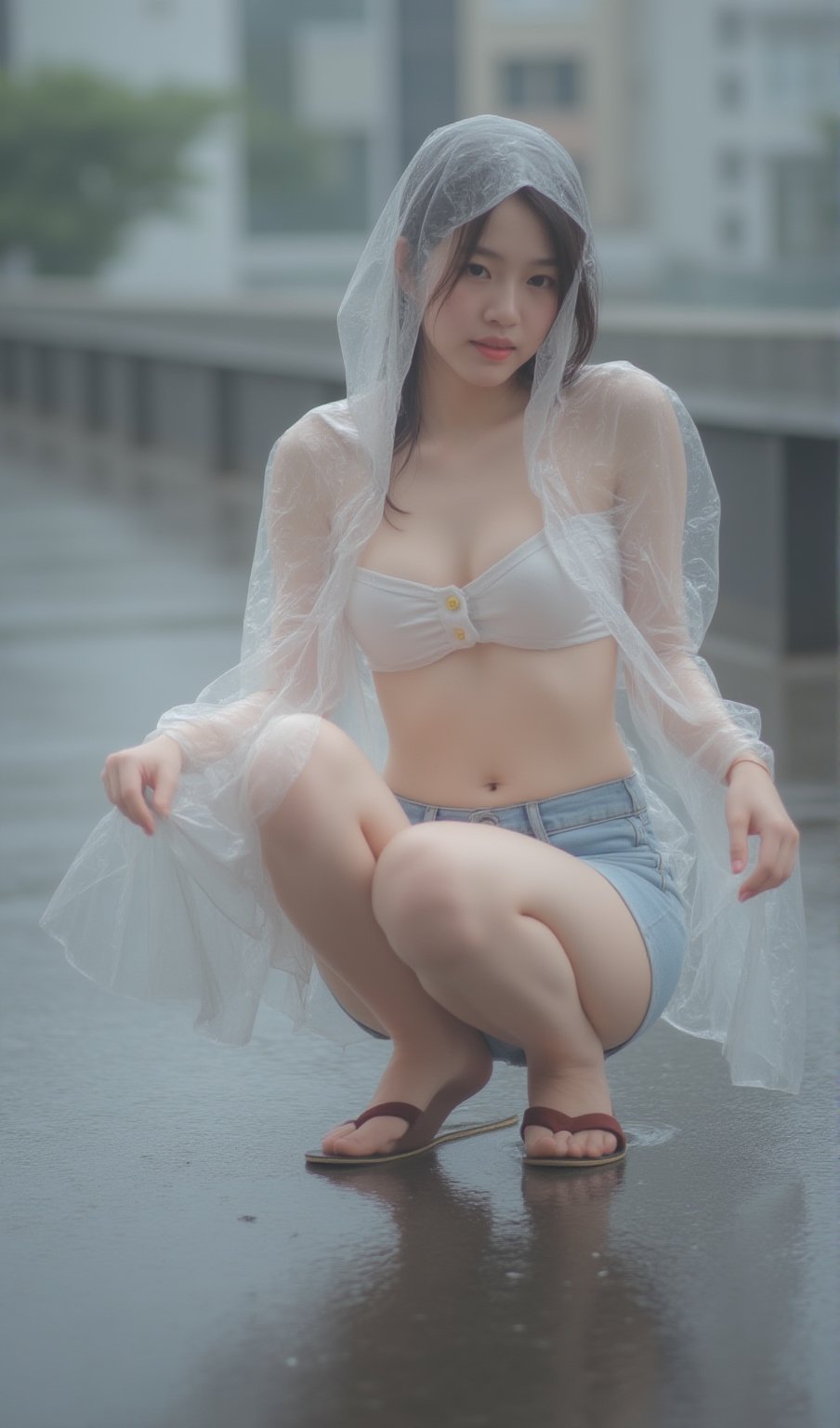 18 year-old thai Woman in clear plastic raincoat Squatting on street,looking at camera in rain. Raincoat are soaked with rainwater.Shiny White undereear and shiny jean denim very shorts. ,Flip Flops .Photo taken on a rooftop in city of thailand,Unbutton one button,Perfect breasts,Perfect Cheast,