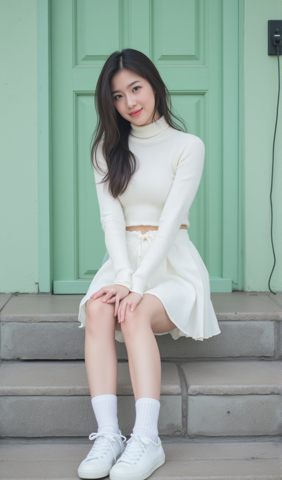 a young Asian woman is seated on a step in front of a green door. She is wearing a white long-sleeved sweater, a white skirt, and white sneakers. Her socks are tied in a bow at the waist, and she is smiling. The woman's hair is long and dark, and her eyes are open, as if she is posing for the camera. The door behind her is made of a light green wood, and the bottom half of the door is visible. The floor is made up of gray and brown tiles, and there is a black electrical outlet plugged into the wall behind the woman.